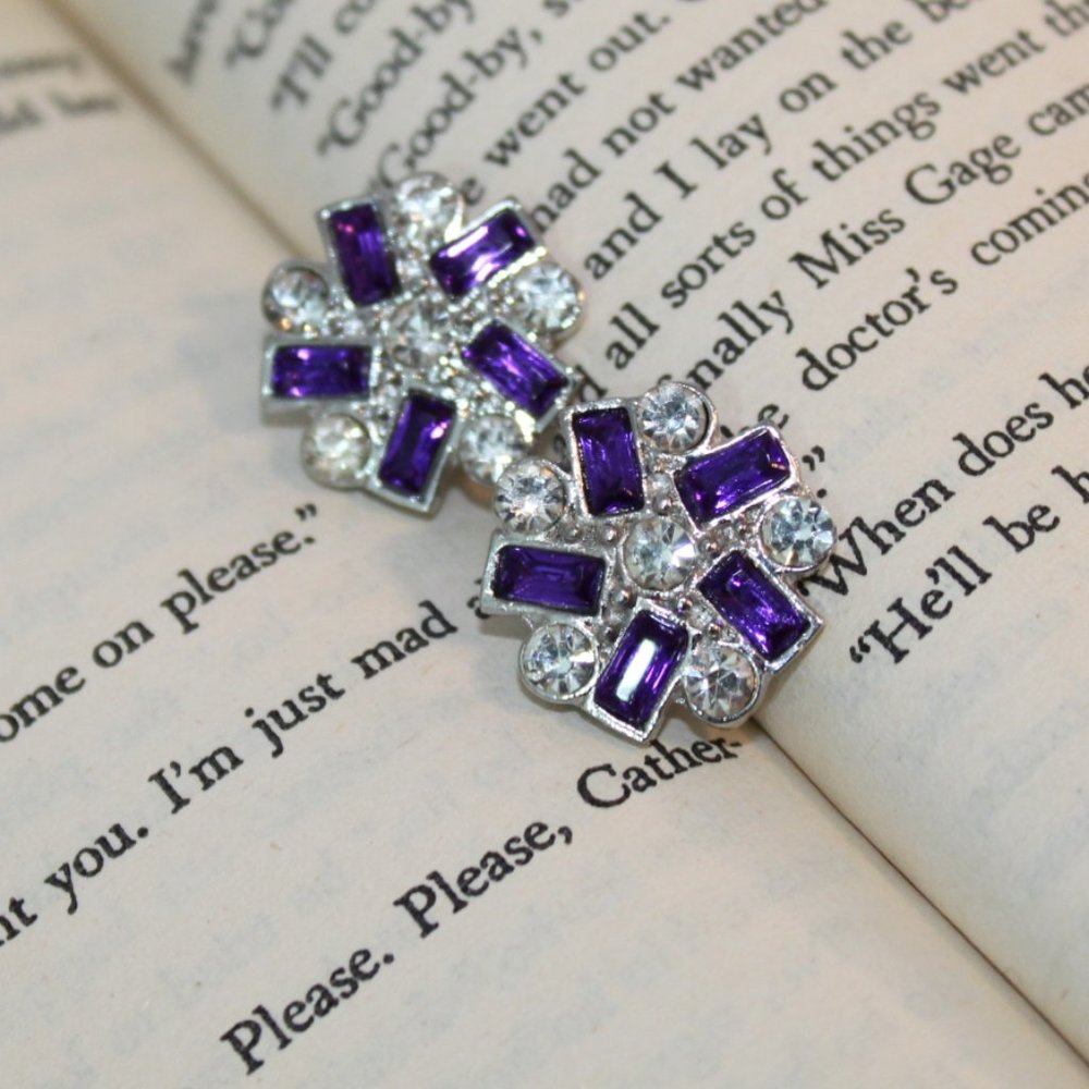Silver PURPLE Rhinestone Cocktail Earrings PROM